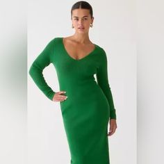 Nwt J. Crew Long-Sleeve V-Neck Ribbed Sweater Dress In Jungle Green Xs Meet Your New Favorite Style For In-Between Seasons. This Form-Fitting Yet At The Same Time Perfectly Stretchy Body Con Dress Features A Luxe, Ribbed Texture, Long Sleeves And A V-Neck To Show Off Your Favorite Jewelry. 72% Viscose/28% Polyester. Dry Clean. Imported. Popular Style. Dress Sold Out Quickly Online. Size Xs, But Generous. Fits Like A Small In My Opinion. Fitted Silhouette. Falls Above Ankle, 47 1/2" From High Poi Winter Stretch V-neck Dress, Green V-neck Dress For Fall, Chic Green V-neck Sweater Dress, Green V-neck Stretch Bodycon Dress, Winter Bodycon V-neck Dress, Stretch V-neck Winter Dress, Winter V-neck Stretch Dress, Winter V-neck Bodycon Dress, Chic Green V-neck Bodycon Dress