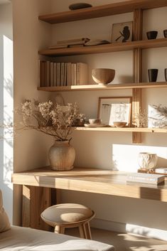 a living room filled with furniture and shelves