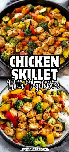 chicken skillet with vegetables and rice in a pan