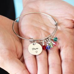 Mother's Day Personalized, Mom Bracelet with Birthstones, Mom Gift, Birthstone Bracelet, Birthstone Personalized Round Bracelets As Gift For Mom, Personalized Round Charm Bracelet For Birthday Gift, Engraved Charm Bracelet For Mother's Day Personalized Gift, Personalized Bangle Charm Bracelet For Birthday, Nickel-free Charm Bracelet For Birthday And Mother's Day, Name Bracelet For Birthday And Mother's Day, Round Birthstone Charm Bracelet For Birthday, Mother's Day Gift Stainless Steel Name Bracelet, Mother's Day Stainless Steel Name Bracelet