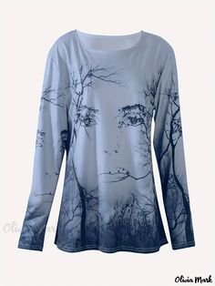 Olivia Mark - Tree Print Crew Neck T-Shirt, Casual Long Sleeve Top For Spring & Fall, Women's Clothing Boho Fabric, Long Sleeve Tops Casual, Tree Print, Olivia Mark, Spring And Fall, Long Sleeve Top, Neck T Shirt, Boho Fashion, Collar Styles