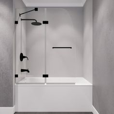 an empty white bathroom with black fixtures and gray walls, along with a shower head in the corner