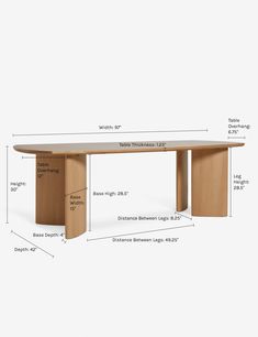 a table with measurements for the top and bottom section, including an oval shaped base