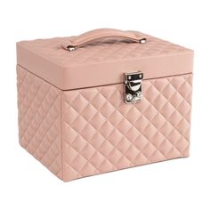 a pink quilted box with a lock on the lid and handle is shown in front of a white background