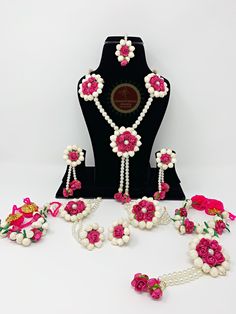 Hot Pink Flower/Phool Indian Jewelry | Mehendi, Henna, Haldi, Parties, Engagement, Weddings, Sangeet | Classical Dance Jewelry by ClassicDanceJewelry on Etsy White Wedding Sets With Latkans, White Flower Bridal Necklace For Wedding, White Floral Bridal Necklace For Wedding, Traditional Handmade Flower Jewelry For Wedding, Traditional Wedding Jewelry With Handmade Flowers, Handmade Kundan Wedding Sets, Handmade Bridal Sets For Wedding Festivities, Handmade Festive Bridal Sets For Wedding, Traditional Flower Jewelry For Diwali