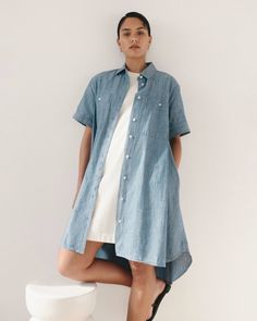 The Daytripper Shirtdress Ivy Blue ReChambray – Everlane Spring Relaxed Fit Shirt Dress For Daywear, Summer Relaxed Fit Shirt Dress For Work, Casual Button-up Shirt Dress For Daywear, Relaxed Fit Collared Shirt Dress With Pockets, Rolled Short Sleeve Shirt Dress For Day Out, Day Out Short Sleeve Shirt Dress With Placket, Cotton Short Sleeve Shirt Dress With Pockets, Relaxed Fit Cotton Shirt Dress With Button Closure, Casual Oversized Button-up Shirt Dress