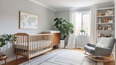 a baby's room with a rocking chair, crib and large potted plant