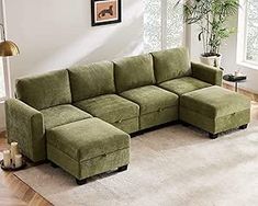 ABCASA Luxury Modular Sectional Sofa w/Storage Seat, 118" U Shaped Couch with Movable Ottoman, Easy to Install - Corduroy Green Green Sofas, Couch With Storage, Storage Seat, Living Room Furniture Styles, Sofa For Living Room, Living Room Apartment, Modular Couch, Storage Chaise