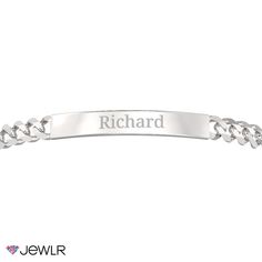 This classic engravable ID bracelet is the perfect gift for yourself or your loved one. Engrave the front with a name or a special date and add a meaningful message to the back. Handcrafted in sterling silver, this 8.5" men's bracelet features a figaro-link chain secured with a lobster clasp for just the right fit. Classic Personalized Bracelet, Classic Personalized Sterling Silver Bracelets, Classic Sterling Silver Personalized Bracelet, Personalized Nameplate Chain Bracelet For Anniversary, Classic Nameplate Bracelet For Gift, Classic Customizable Sterling Silver Name Bracelet, Customizable Classic Sterling Silver Name Bracelet, Engraved Nameplate Bracelet As Personalized Gift, Customizable Classic Sterling Silver Bracelets