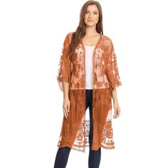 Embrace bohemian elegance with the Anna-Kaci Embroidered Floral Butterfly Duster Cover Up Cardigan. This long maxi duster cardigan features intricate embroidery and a sheer lace design, providing the perfect blend of modesty and allure for any occasion. With its loose fit, open front, and extra-large armholes, it flatters all body types and adds a dramatic, flowy touch to your outfit. Brown V-neck Summer Cardigan, Bohemian Lace Cardigan For Spring, Bohemian Lace Outerwear For Spring, Bohemian Long Sleeve Embroidered Cover-up, Spring Bohemian Outerwear With Lace Trim, Bohemian Spring Outerwear With Lace Trim, Brown Open Front Summer Outerwear, Bohemian Floral Embroidered Cover-up For Spring, Spring Lace Patchwork Outerwear