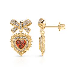 These charming stud earrings feature a vivid red heart-shaped cut stone as the centerpiece, symbolizing love and passion. At the top, a graceful bow crafted from lustrous gold adds a whimsical and elegant element to the design.The exquisite detailing of the bow and the rich hue of the heart-shaped stone make these earrings a timeless addition to your collection.Carat Weight: 0.79 ctStone Size: 4*4 mmStone Type: Jeulia® StoneNumber of Stones: 2 Stone Shape: HeartStone Color: Garnet RedCarat Weigh Silver Earrings Online, Delicate Earrings, Online Earrings, Anniversary Sale, Quality Jewelry, Red Heart, Beautiful Earrings, Sterling Silver Earrings, Garnet