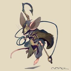 a drawing of a mouse with long hair and tail, holding a wand in its hand