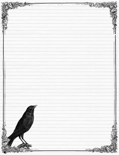 a black bird sitting on top of a piece of lined paper with gold trimmings