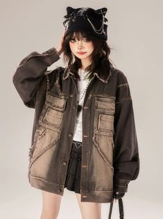 ❤︎Black gradient retro street denim jacket❤︎ Figure Skating Outfits, Slay Outfits, Black Gradient, Skating Outfits, Cat Hat, Black Denim Jacket, Denim Jacket Women, 2000s Fashion, Cat Ears