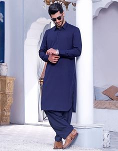 "WELCOME TO MY SHOP WEDDING KURTA  Give yourself a best ethnic look by wearing this Top / kurta pajama  Made of rich cotton blend fabric this regular-fit set comprises a full-sleeved Indian Long kurta/ kurta This outfit with mojris will look apart on special occasions. material  :100%Cotton Color : blue Length : 40 inch Shirt Chest is measurement for shirt (not body) As per standard, for best loose fitting 5\" inches gap should be there between actual chest size and shirt chest size Size chart i Festive Semi-formal Unstitched Suit, Traditional Drape Fitted Pants For Eid, Eid Wedding Pants With Dabka Work, Wedding Pants With Dabka Work For Eid, Dabka Work Pants For Wedding And Eid, Blue Naqshi Straight Kurta Traditional Wear, Blue Pants For Festive Eid Celebration, Festive Blue Pants For Eid, Traditional Blue Pants For Festive Occasions