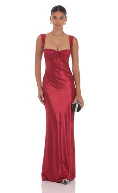 Satin Lace-Bust Dress in Red Fitted Satin Evening Dress With Lining, Red Satin Lined Dresses, Fitted Lined Satin Dress, Red Fitted Satin Dress For Formal Occasions, Red Formal Dresses, Red Silk Dress, Winter Formal Dresses, Long Red Dress, Lucy In The Sky