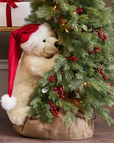 a teddy bear in a santa hat hiding behind a christmas tree