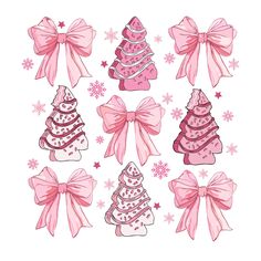 pink christmas trees with bows and snowflakes on white background, set of six