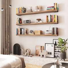 a living room with bookshelves and various items on the shelves in front of a bed