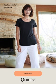 Only the best for your perfect cotton tee! This super soft and stretchy cotton blend is wrinkle-resistant with a flattering, smooth finish. It's easygoing for everyday wear, and has comfy wearability to pair with any outfit.  | Quince | Women's Cotton Modal Crew Neck T-Shirt in Black, Cotton/Modal, Size XL, Organic Cotton Scoop Neck Tee, Crew Neck Tee, Quince, Black Cotton, Cotton Tee, Neck T Shirt, Your Perfect, Scoop Neck, Everyday Wear