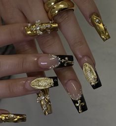 Black Red Gold Nails, Gold And Black Nail Designs, Black Cross Nails, Luv Nails, Pretty Gel Nails, Unique Acrylic Nails, Bling Acrylic Nails, Short Acrylic Nails Designs, Acrylic Nails Coffin