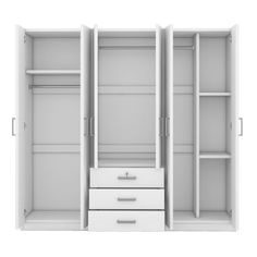 an open closet with drawers and shelves on the wall, isolated against a white background