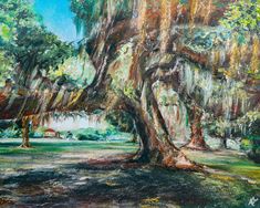 a painting of a large tree with spanish moss on it