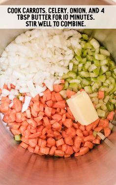 diced onions, carrots and celery in a bowl with butter on top