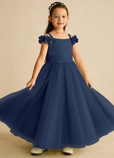 Jujube is an enchanting matte satin and tulle flower girl dress. Her square neckline is accentuated by delicate 3D flower details on the off-shoulder sleeves that add a whimsical touch. The pleated waistband offers a refined silhouette above a gathered A-line skirt that flows gracefully. Navy Flower Girl, Flower Girl Dresses Navy, Navy Flowers, Tulle Flower Girl, Beaded Tulle, Flower Girl Dresses Tulle, Bateau Neckline, Matte Satin, Girl Dresses