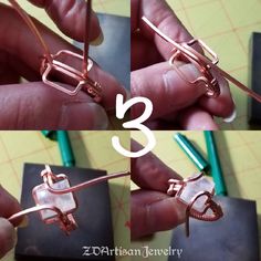 three pictures showing how to make wire wrapped jewelry with scissors and wires, including two hands holding