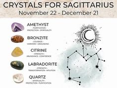 crystals for sagittatius poster with zodiac signs and their corresponding names on it