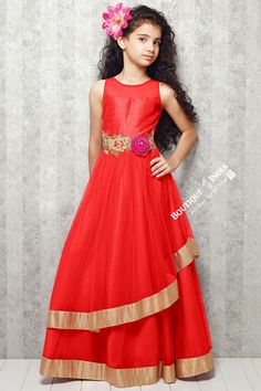 Girl's - Orange With Golden Casual Gown/Dress - Gilr's Casual And Party Collection Gowns Sleeveless Princess Dress For Wedding And Festive Occasions, Festive Sleeveless Princess Dress For Wedding, Sleeveless Christmas Fancy Dress, Festive Sleeveless Wedding Princess Dress, Princess Style Sleeveless Wedding Gown, Elegant Sleeveless Princess Dress For Festive Occasions, Princess Style Sleeveless Gown For Prom, Princess Style Sleeveless Prom Gown, Princess Style Prom Gown Floor-length