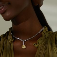 Make a statement entrance with this all-around CZ necklace featuring a canary yellow center stone. Y Necklace, Cz Necklace, Canary Yellow, Modern Love, Bride Bridal, Fine Jewellery Earrings, Brass Color, Earring Necklace, Anklets