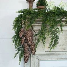 two pine cones are hanging from the mantle