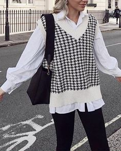 Style Working Girl, Female Waistcoat, Waistcoat Sweater, Knitted Sweater Vest, Houndstooth Sweater, Vest Women, Sweater Vest Women, Sleeveless Pullover, Oversized Pullover