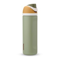 thermos bottle in green with an orange lid and white trim on the side