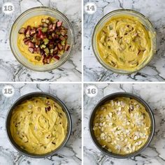 four pictures showing how to make hummus with peanuts and pumpkin seeds in a bowl