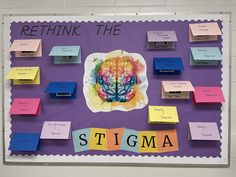 a bulletin board with post it notes attached to it and the words rethik the stigma