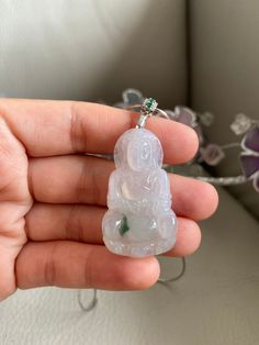 "🌈 Guan Yin Jadeite Pendant for necklace, Icy Light Green & Green 🌷 Untreated Natural Jadeite/ Grade A Jade/ Certified 🌷 Jade from Myanmar/ Burma 🌷 100% handmade carving 🌷 Dimensions : 41.5 x 24.2 x 6 mm 🌷 Color : Light Green & Green 🌷 Free standard shipping from Hong Kong with tracking provided 🌷 Take approximately 7-21 days to arrive worldwide ❤️ In Chinese Culture: Young people wear jade pendant will have a prosperous life, attracts good luck and friendship Old people wear jad Spiritual Chalcedony Jewelry For Meditation, Spiritual Jade Crystal Necklaces With Round Shape, Spiritual Jade Pendant Jewelry, White Jade Jewelry For Meditation, Jade Pendant Crystal Necklace For Jewelry Making, Jade Amulet Jewelry For Meditation, White Round Pendant Necklace For Good Luck, White Jade Amulet Jewelry, White Amulet Style Jewelry With Gemstone