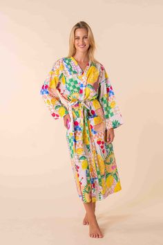 Introducing the Lydia Robe from KAS's vibrant pyjama wear range! Crafted from luxurious 100% cotton material, this robe is your ticket to stylish relaxation. Embrace the playful vibes with its funky design adorned with tropical fruits, adding a burst of colour to your loungewear collection. Whether you're unwinding after a long day or lounging on lazy weekends, the Lydia Robe promises comfort and flair in equal measure. Dive into tropical paradise every time you slip into this cozy robe. Spring Patterned Sleepwear For Pajama Party, Patterned Sleepwear For Pajama Party In Spring, Spring Patterned Sleepwear, Patterned Spring Sleepwear, Multicolor Cotton Sleepwear For Lounging, Spring Patterned Printed Sleepwear, Multicolor Cotton Sleepwear For Sleepovers, Summer Patterned Sleepwear, Patterned Cotton Sleepwear For Spring