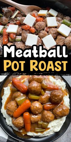 meatballs, potatoes and carrots on top of mashed potatoes