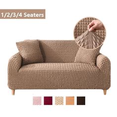 the sofa is knitted and has four different colors on it, including one beige