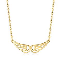 Ross-Simons - Italian 14kt Yellow Gold Angel Wings Necklace. 16". Donning our beautiful angel wings necklace will help remind you that someone special is always watching over from above. The openwork design is carefully crafted in Italy of polished 14kt yellow gold. Suspends from a cable chain with a 2" extender. Springring clasp, 14kt yellow gold angel wings necklace. Sterling Silver Gold Angel Wings Jewelry, Gold Sterling Silver Jewelry With Angel Wings, Gold Wing-shaped Sterling Silver Necklace, Elegant Angel Wings Necklaces, Elegant Gold Necklace With Angel Wings, Elegant Gold Angel Wings Necklace, Elegant Gold Winged Necklace, Elegant Wing-shaped Yellow Gold Necklace, Elegant Yellow Gold Wing-shaped Necklace