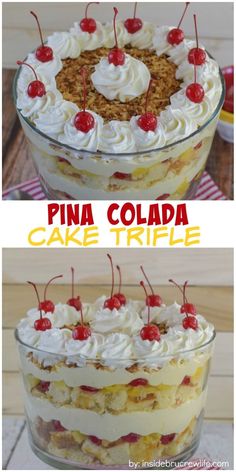 two pictures of a pine colada cake with cherries on top