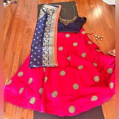 It Comes With A Beautiful Work Blouse You Can Adjust And Tie In The Back The Skirt Is Dark Pink With Embroidered Mandala Designs The Scarf Is Silky And Has Beautiful Designs Stitched On It It Will Fit Teenagers And Adults Who Are 4’11 Or More Message Me With Questions If Needed Diwali Embroidered Skirt, Embroidered Fitted Skirt With Traditional Drape, Pink Party Skirt With Traditional Drape, Fitted Skirt With Traditional Drape And Embroidery, Traditional Skirt With Dori Work, Traditional Dori Work Skirt, Pink Embroidered Skirt For Parties, Embroidered Pink Skirt For Party, Festive Pink Bollywood Skirt