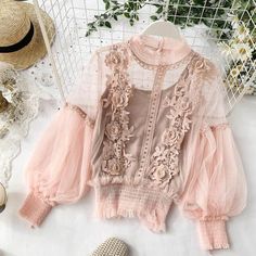 Women's Spring Blossom Sheer Lace Blouse - Wnkrs Lace Clothes, Lantern Sleeve Top, Lace Leggings, Pattern Dress Women, Elegant Embroidery, Shirts Women Fashion, Puff Long Sleeves, Shorts Style, Vintage Blouse