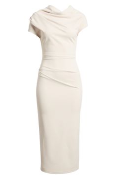 Whether you're off to the office or your next cocktail party, this stretch-enhanced sheath dress has you covered. Back zip closure Boat neck Short sleeves Unlined 90% polyester, 10% spandex Dry clean Made in the USA Women Work Dresses Offices, Soft Classic Dress Kibbe, Fitted Beige Sheath Bodycon Dress, Beige Fitted Sheath Bodycon Dress, Elegant Structured Beige Dresses, Beige Structured Fitted Dress, Beige Bodycon Dress For Formal Occasions, Beige Sheath Bodycon Dress For Evening, Beige Sheath Bodycon Evening Dress