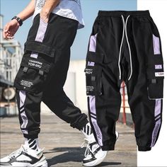 Sizes: S-3xl Trendy Black Cotton Cargo Pants, Purple Streetwear Cargo Pants With Side Pockets, Purple Streetwear Cargo Pants, Purple Cargo Pants For Streetwear, Black Hip Hop Bottoms For Spring, Spring Hip Hop Style Black Bottoms, Black Pants For Spring Streetwear, Hip Hop Style Black Cotton Cargo Pants, Black Urban Joggers With Cargo Pockets