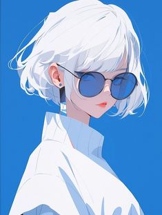 a woman with white hair and blue sunglasses