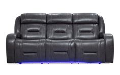 a reclining couch with blue lights on the arm and headrests, in grey leather